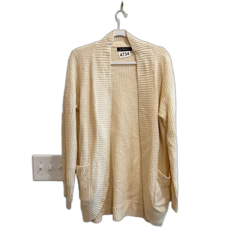 Merokeety Womens Cream Cardigan Size L Open Front Cable Knit Pockets Long Sleeve